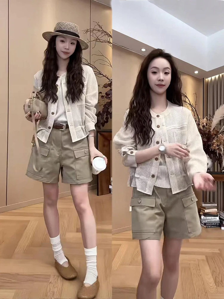 Korean Style Hollow out Shirt Jacket Vest Tank Top Shorts Three Piece Set Women's Fashion Spring Summer Clothing Ensemble
Korean Style Hollow out Shirt Jacket Vest Tank Top Shorts Three Piece Set Women's Fashion Spring Summer Clothing Ensemble