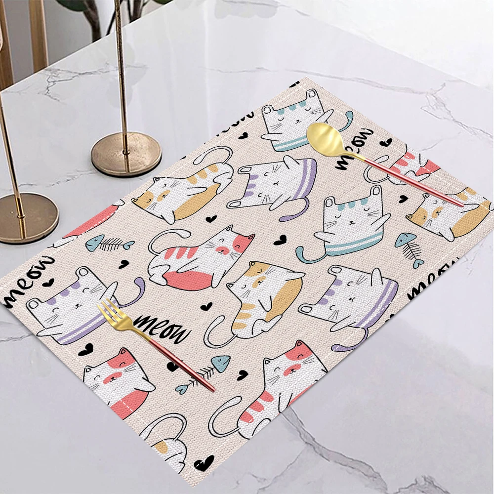 4/6/8 шт. льняной коврик для столовых приборов с рисунками милых кошек, украшение для кухонного стола, термостойкая защита для рабочего стола 
4/6/8 шт. льняной коврик для столовых приборов с рисунками милых кошек, украшение для кухонного стола, термостойкая защита для рабочего стола