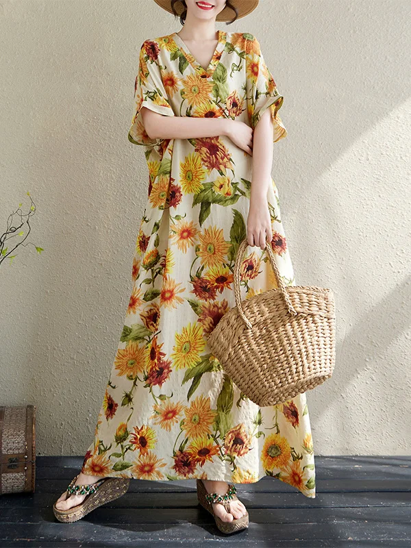 Yellow Flower V-Ne Thin Cotton Lin Loose Long Beach Skirt Vaion Sle Loose Robe for plus Size Women Summer Casual Dr
Yellow Flower V-Ne Thin Cotton Lin Loose Long Beach Skirt Vaion Sle Loose Robe for plus Size Women Summer Casual Dr