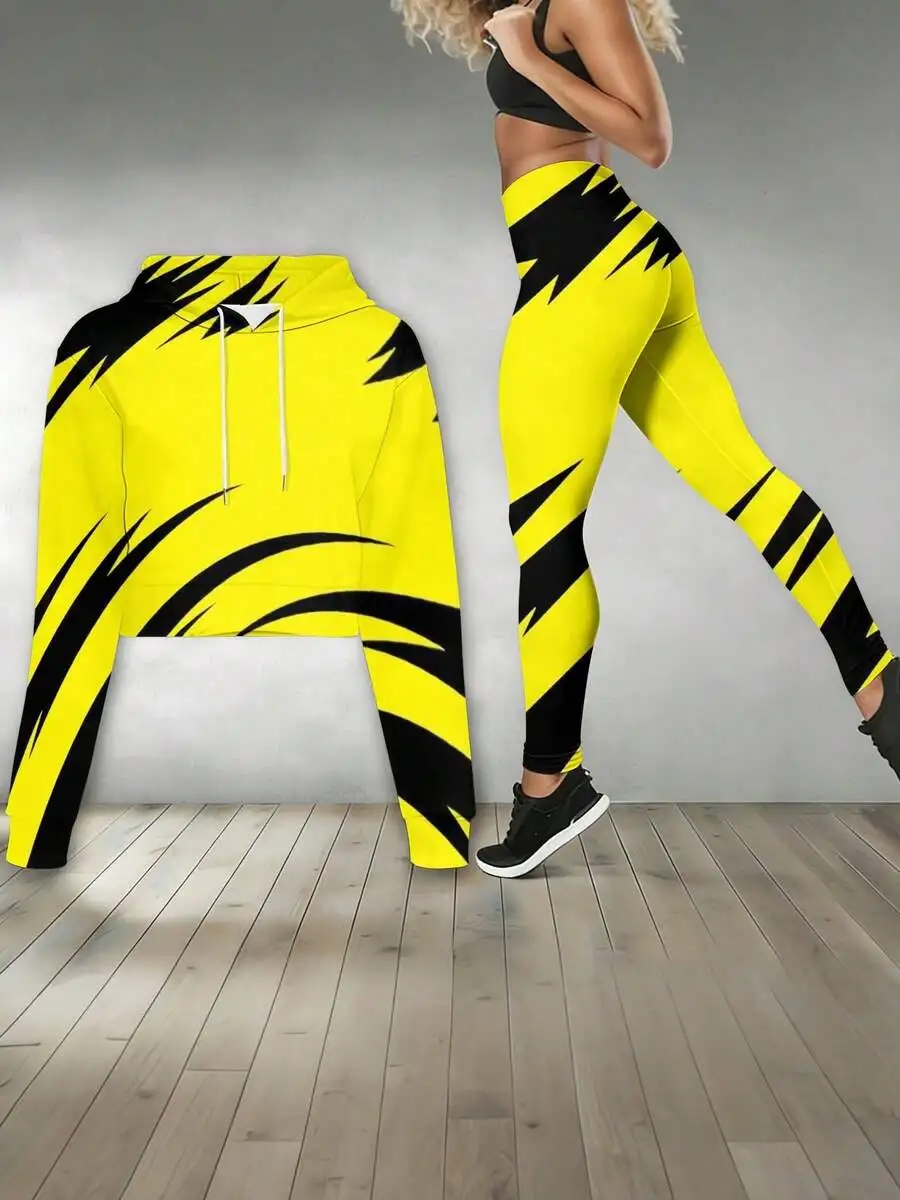 Womens Cropped Hooded Sweatshirt And Leggings Set Yellow Black Abstract Stripe Print
Womens Cropped Hooded Sweatshirt And Leggings Set Yellow Black Abstract Stripe Print