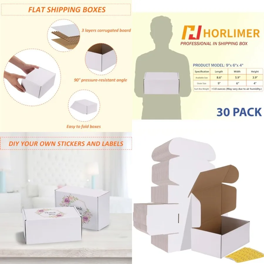 9x6x4 Shipping Boxes Set of 30, White Corrugated Cardboard Mailer Box for Packing Small Business
9x6x4 Shipping Boxes Set of 30, White Corrugated Cardboard Mailer Box for Packing Small Business