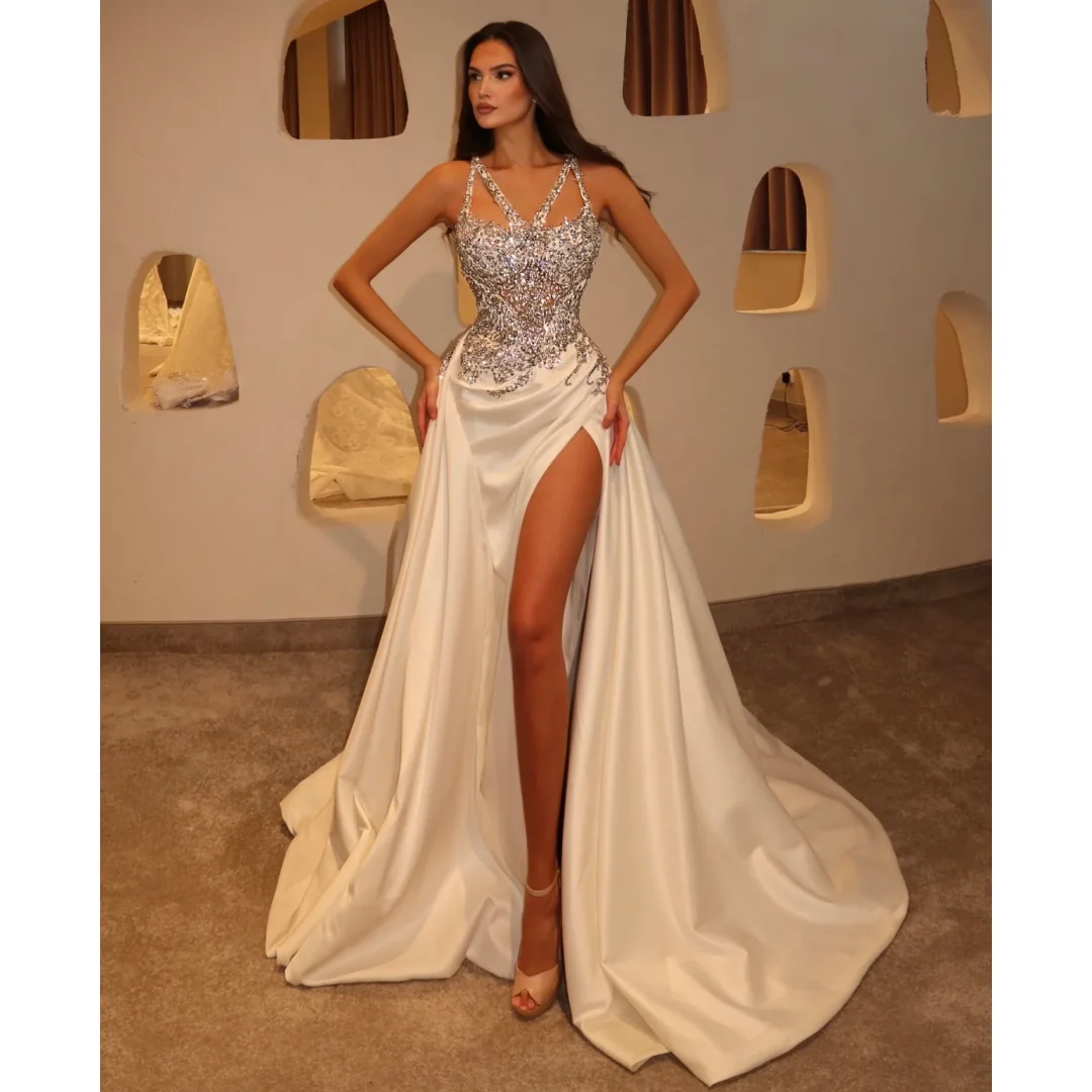 Ivory Satin Pleated Evening Dresses Side Split Lace Sequins Prom Gown Stunning Party Dress Customized Formal Vestidos
Ivory Satin Pleated Evening Dresses Side Split Lace Sequins Prom Gown Stunning Party Dress Customized Formal Vestidos