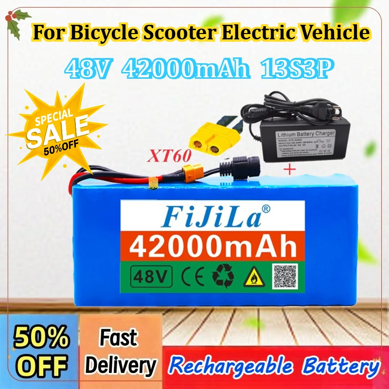 48V 42000mAh 18650 Rechargeable Lithium Battery Pack 13S3P Power Modified Bicycle Scooter Electric Vehicle with BMS + Charger
48V 42000mAh 18650 Rechargeable Lithium Battery Pack 13S3P Power Modified Bicycle Scooter Electric Vehicle with BMS + Charger