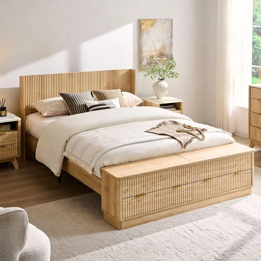 Fluted Queen Size Bed Frame with Wingback Headboard, Footboard Storage Bench with Builtin Drawers amp LiftUp Compartments, Wood
Fluted Queen Size Bed Frame with Wingback Headboard, Footboard Storage Bench with Builtin Drawers amp LiftUp Compartments, Wood