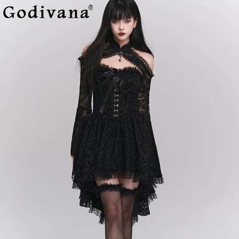 New Female Personality Halloween Vintage Slash Neck High Waist Irregular Strapless Dress Black Flare Sleeve Gothic Lace Shirt
New Female Personality Halloween Vintage Slash Neck High Waist Irregular Strapless Dress Black Flare Sleeve Gothic Lace Shirt