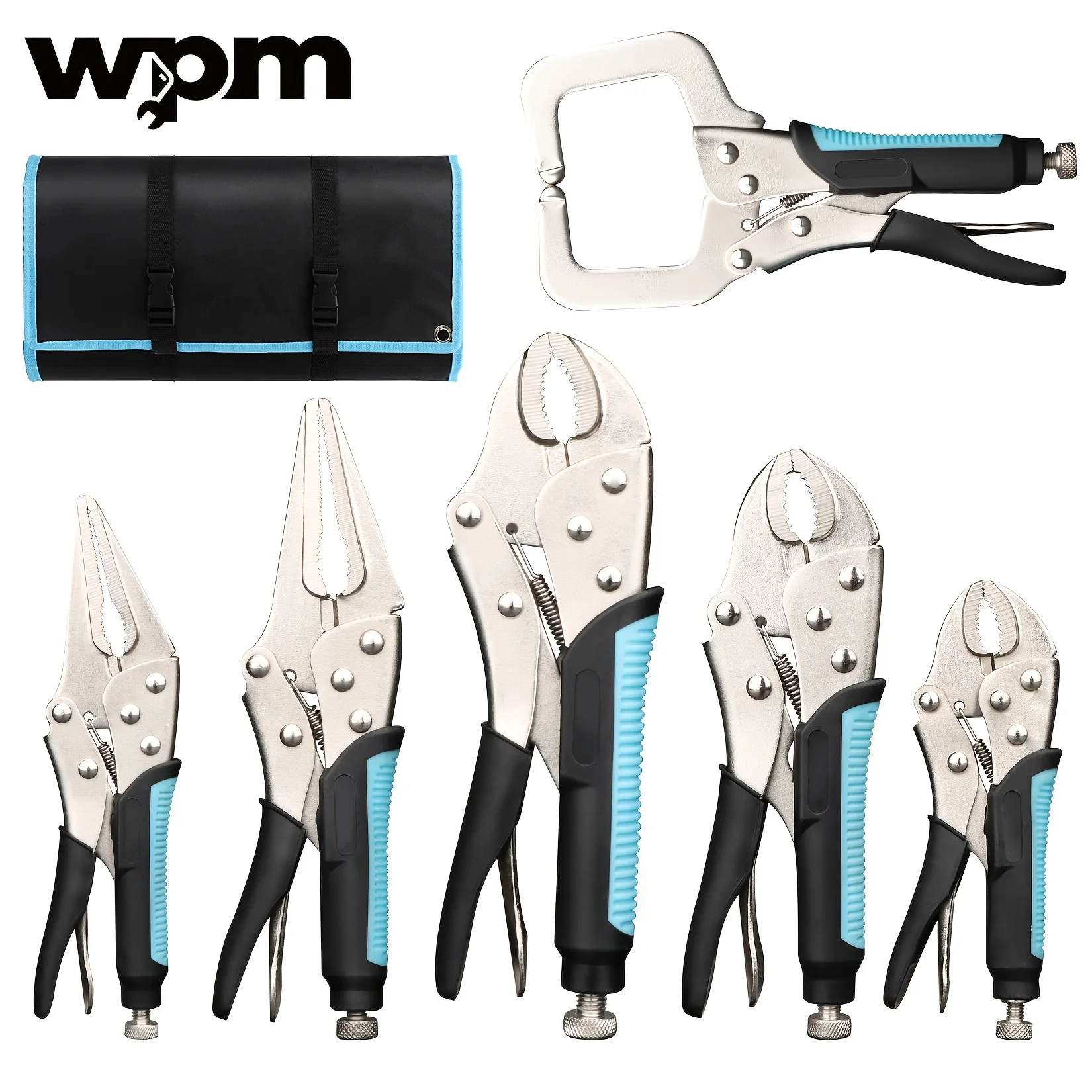WPM 6pcs Locking Pliers Set Includes 5", 7", And 10" Curved Jaw Locking Pliers, 6-1/2" And 9-1/2" Long Nose Locking Pliers, And a 6" Locking C-Clamp, Featuring a Two-Tone TPR Handle And Comes with a Roll-Up Pouch
WPM 6pcs Locking Pliers Set Includes 5", 7", And 10" Curved Jaw Locking Pliers, 6-1/2" And 9-1/2" Long Nose Locking Pliers, And a 6" Locking C-Clamp, Featuring a Two-Tone TPR Handle And Comes with a Roll-Up Pouch