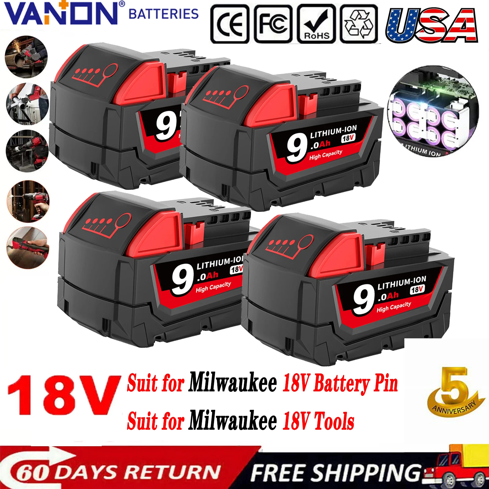VANON 1/2/4Pcs 18Volt 9.0Ah M18 Li-on Battery Replace for Milwaukee 48-11-1810 48-11-1820 48-11-1850 48-11-1860 18V Battery Pin
VANON 1/2/4Pcs 18Volt 9.0Ah M18 Li-on Battery Replace for Milwaukee 48-11-1810 48-11-1820 48-11-1850 48-11-1860 18V Battery Pin