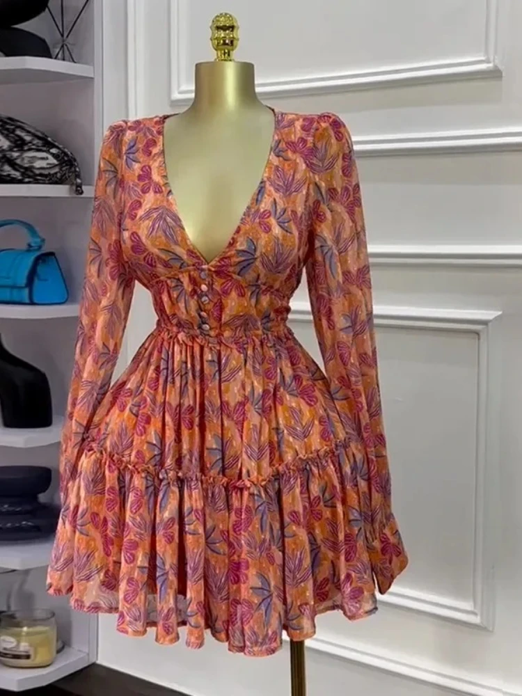 Women V-neck Long Sleeve Pleated Mini Dress Sweet Elegant Floral Print Sexy Birthday Beach Night Party Vestidos Dresses
Women V-neck Long Sleeve Pleated Mini Dress Sweet Elegant Floral Print Sexy Birthday Beach Night Party Vestidos Dresses