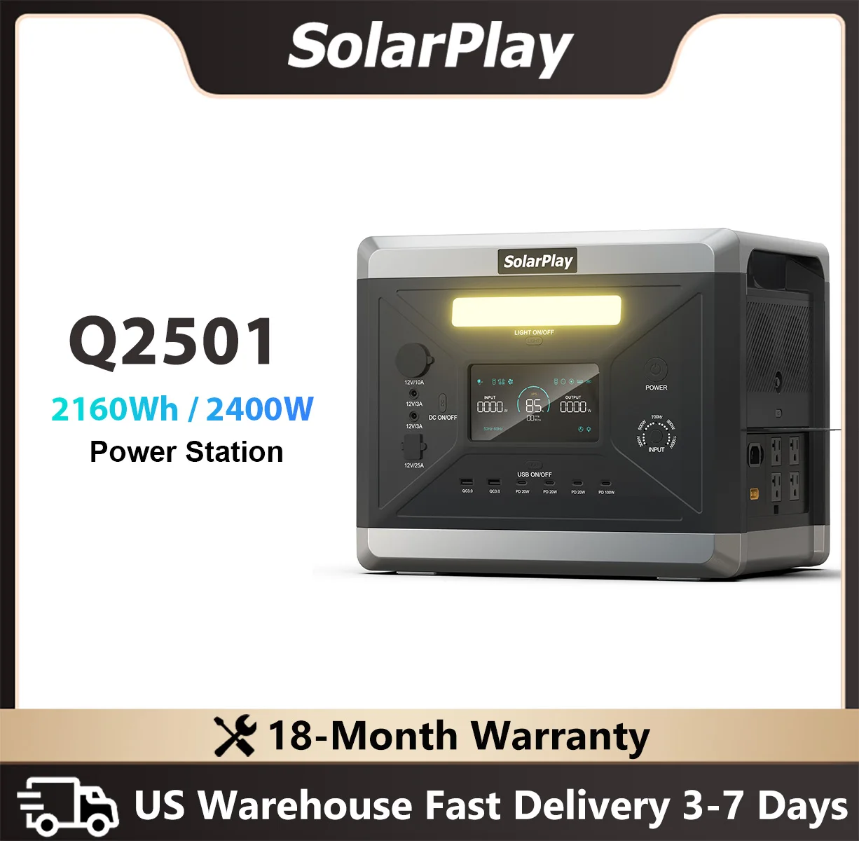SolarPlay Q2501 Portable Power Station 2400W MPPT Outdoor Generator 2160WH Battery with 200W Solar Panel (Optional) For Camping
SolarPlay Q2501 Portable Power Station 2400W MPPT Outdoor Generator 2160WH Battery with 200W Solar Panel (Optional) For Camping