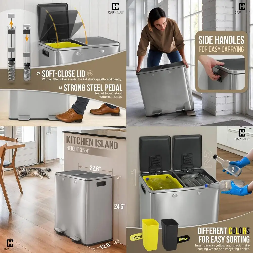 Dual-Lid Stainless Steel Trash & Recycle Bins, 30L + 30L Capacity, Odor Filters, Hinged Lid, Hands-Free for Kitchen
Dual-Lid Stainless Steel Trash & Recycle Bins, 30L + 30L Capacity, Odor Filters, Hinged Lid, Hands-Free for Kitchen