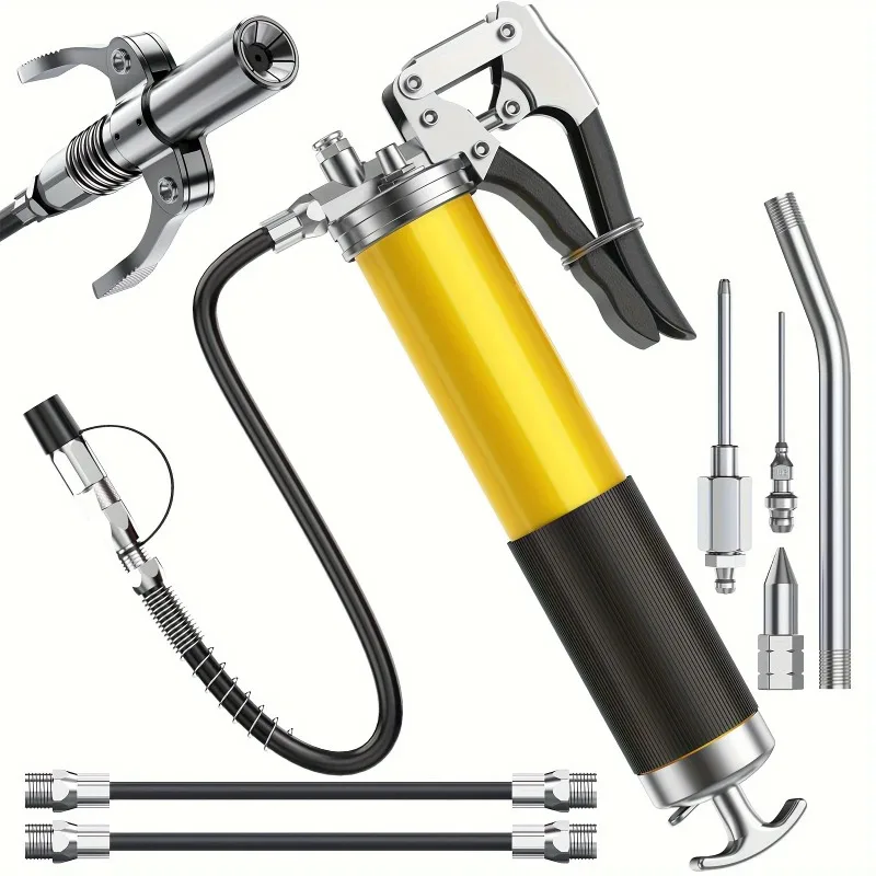 8000 PSI Heavy Duty Hand Grease Gun Kit with 14oz Load 18 Inch Spring Flex Hose 2 Working Connectors 2 Extension Pipes 1 Nozzle
8000 PSI Heavy Duty Hand Grease Gun Kit with 14oz Load 18 Inch Spring Flex Hose 2 Working Connectors 2 Extension Pipes 1 Nozzle