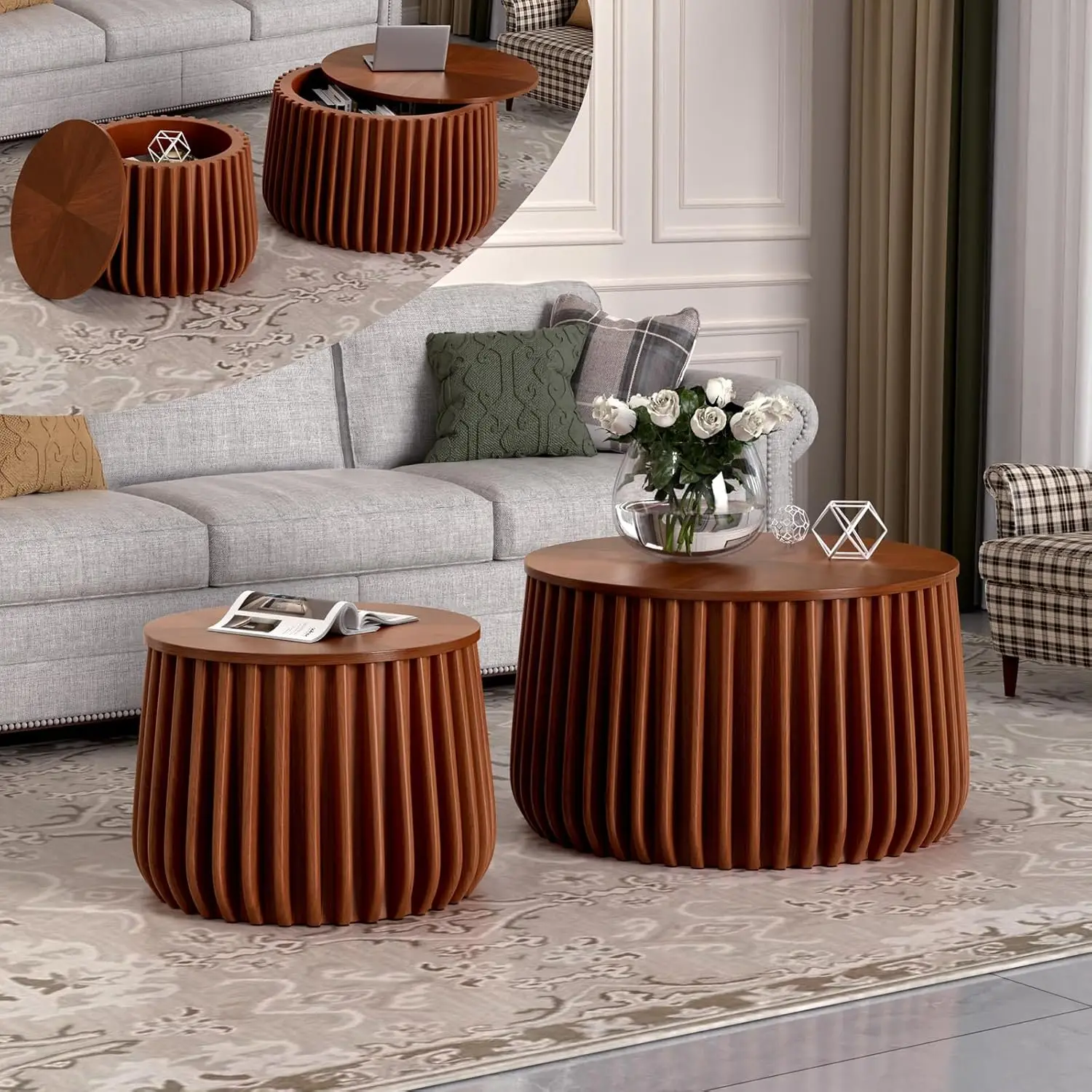 Комплект из 2 круглых журнальных столиков с рифленой отделкой, в стиле середины века, ручной работы, с возможностью индивидуального заказа
Комплект из 2 круглых журнальных столиков с рифленой отделкой, в стиле середины века, ручной работы, с возможностью индивидуального заказа