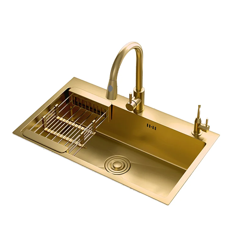 Gold Single Handle Pull-Down Kitchen Faucet 304 Stainless Steel Single Bowl Luxury Undermount Modern Sink Two Holes Nano Surface
Gold Single Handle Pull-Down Kitchen Faucet 304 Stainless Steel Single Bowl Luxury Undermount Modern Sink Two Holes Nano Surface