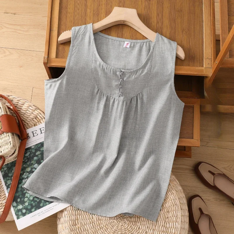 Серая повседневная майка без рукавов, Свободная Женская футболка из хлопка и льна, модная летняя облегающая женская футболка в Корейском стиле 
Серая повседневная майка без рукавов, Свободная Женская футболка из хлопка и льна, модная летняя облегающая женская футболка в Корейском стиле