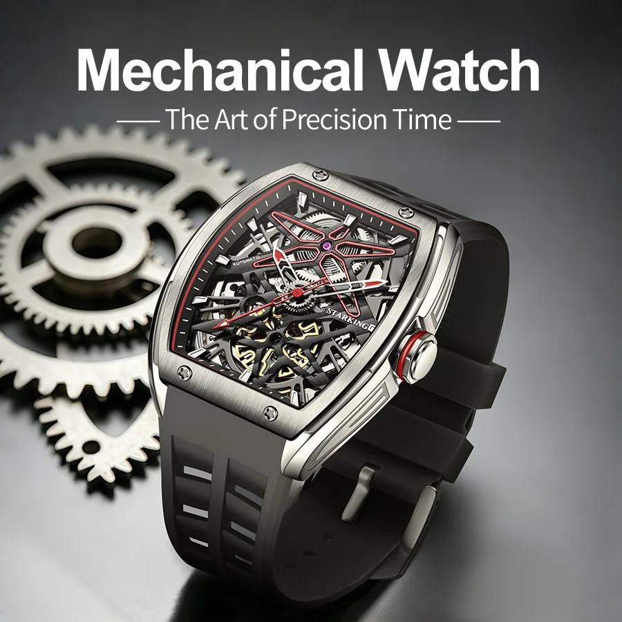 STARKING Fashion Sports Mechanical Watch for Men Waterproof Luminous Skeleton Automatic Watches Silicone Strap Tonneau Design
STARKING Fashion Sports Mechanical Watch for Men Waterproof Luminous Skeleton Automatic Watches Silicone Strap Tonneau Design