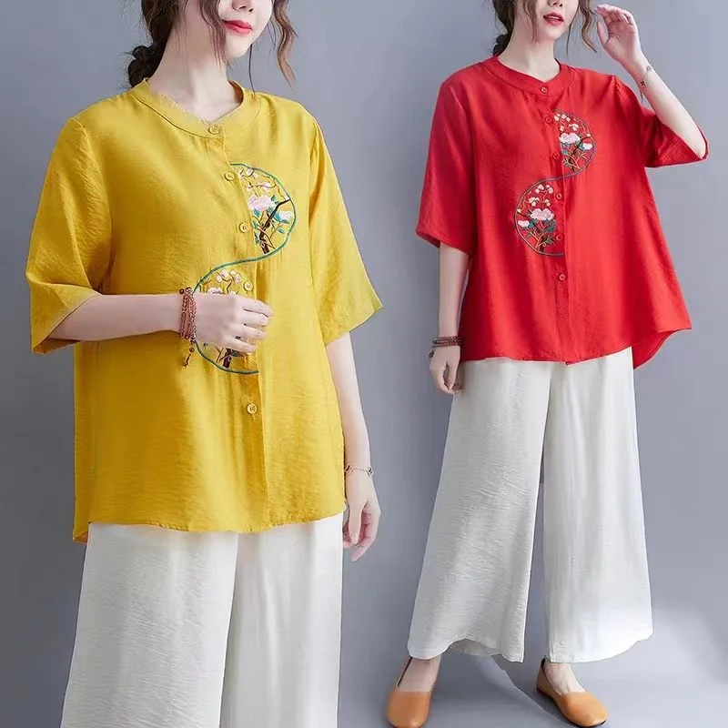 Summer New Elegant Vintage Cotton And Linen Women's Embroidery Round Neck Shirt Female Casual All-Match Spliced Button Blouse
Summer New Elegant Vintage Cotton And Linen Women's Embroidery Round Neck Shirt Female Casual All-Match Spliced Button Blouse