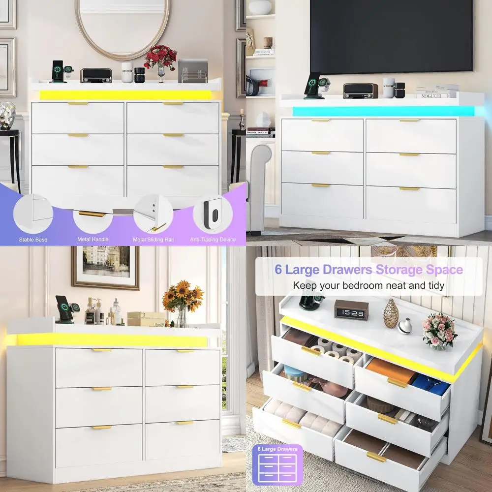 Bedroom Double Wide Dresser with LED Lighting and Power Outlet, Wooden Drawer Chests for Entryway and Hallway
Bedroom Double Wide Dresser with LED Lighting and Power Outlet, Wooden Drawer Chests for Entryway and Hallway