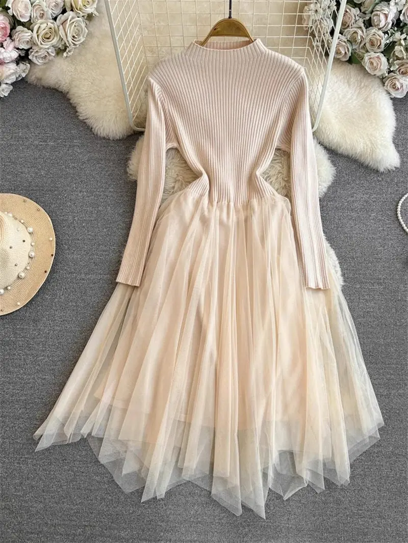Autumn And Winter Korean Dress Long Sleeve Standing Neck Slim Knitted Spliced Irregular A-Line Mesh Bottom Dress For Women Z4109
Autumn And Winter Korean Dress Long Sleeve Standing Neck Slim Knitted Spliced Irregular A-Line Mesh Bottom Dress For Women Z4109