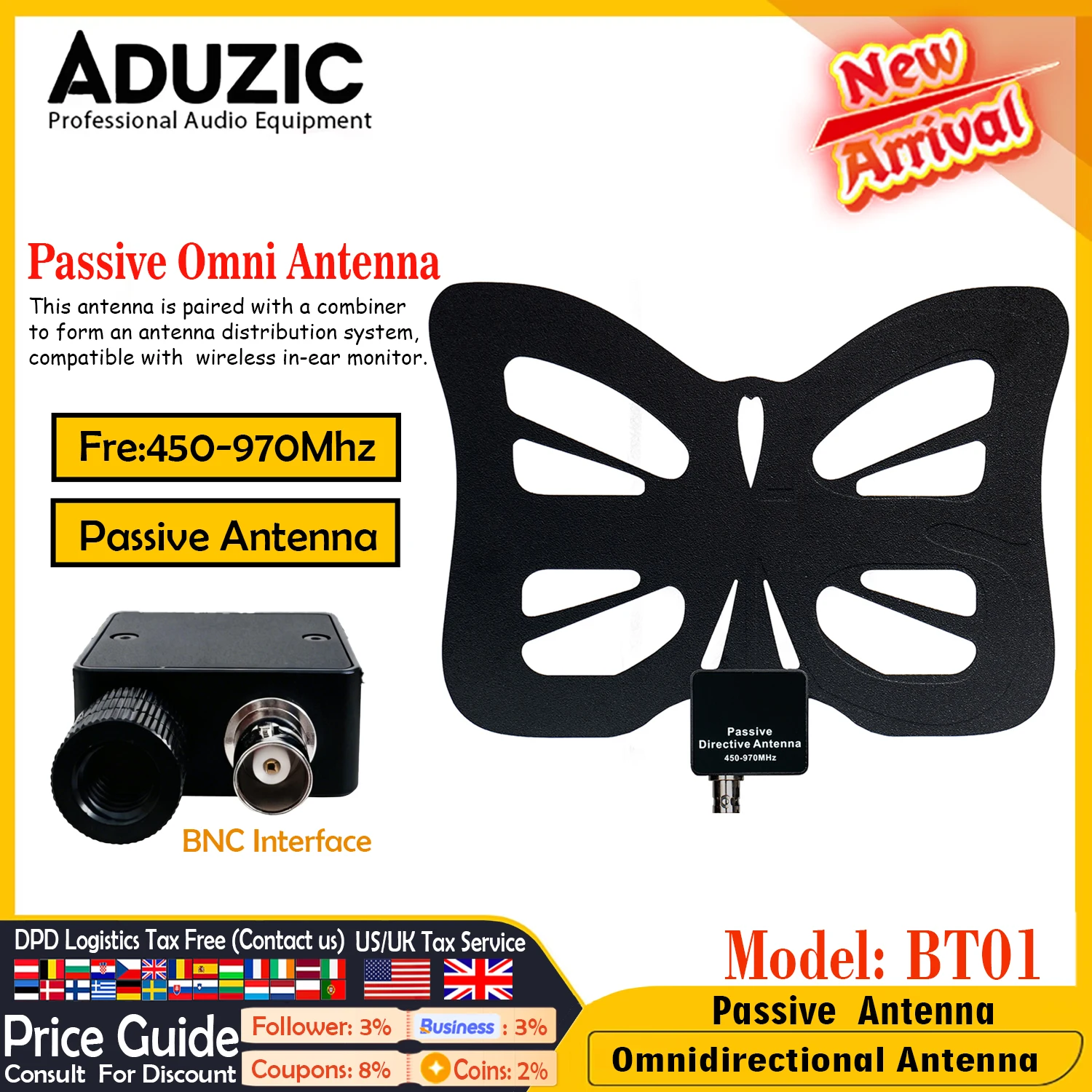 Aduzic BT01 Passive Omnidirectional Antenna 450-970MHz BNC For Wireless IEM In-Ear Monitor System UHF Audio Stage Performance
Aduzic BT01 Passive Omnidirectional Antenna 450-970MHz BNC For Wireless IEM In-Ear Monitor System UHF Audio Stage Performance