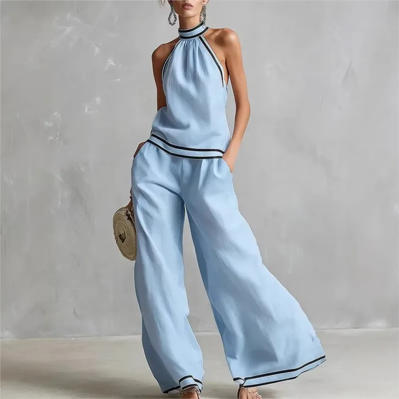Women's New Two-piece Set Sleeveless Contrast Trim Halter Neck Top + Wide Leg Pants Set Summer Casual Fashion Solid Woman Suit
Women's New Two-piece Set Sleeveless Contrast Trim Halter Neck Top + Wide Leg Pants Set Summer Casual Fashion Solid Woman Suit