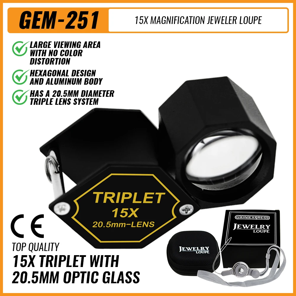 15X Magnification Jewelry Loupe Magnifier 20.5mm Triple Lens Black Frame Metal (Aluminum) Body And Hexagonal Design
15X Magnification Jewelry Loupe Magnifier 20.5mm Triple Lens Black Frame Metal (Aluminum) Body And Hexagonal Design