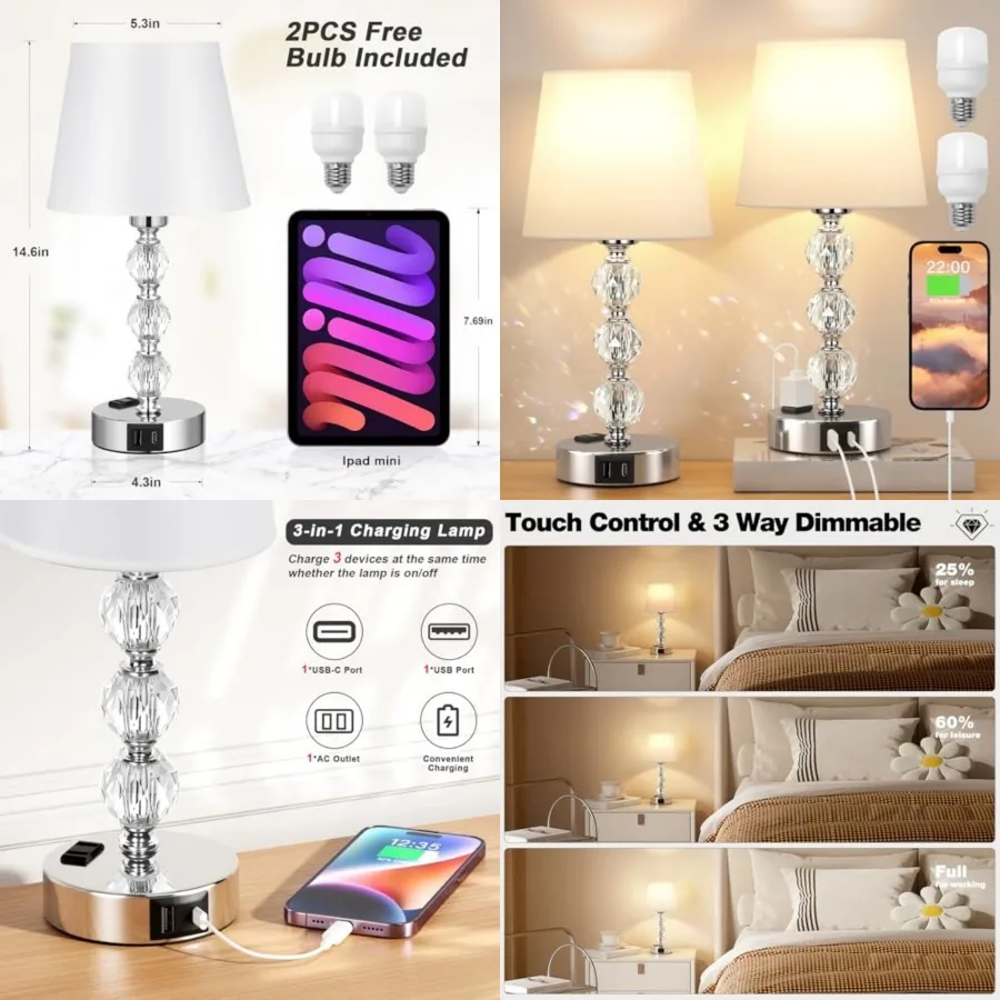 Crystal Table Lamp Set of 2 for Bedroom/Living Room, White
Crystal Table Lamp Set of 2 for Bedroom/Living Room, White