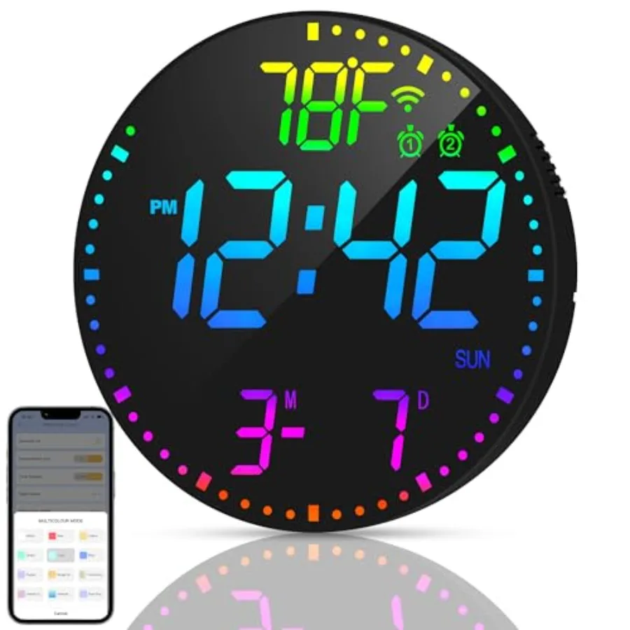 12" Digital Wall Clock with App Control Large LED WiFi Sync Date Temperature Auto Brightness Seconds Display Dual Alarm 12 RGB
12" Digital Wall Clock with App Control Large LED WiFi Sync Date Temperature Auto Brightness Seconds Display Dual Alarm 12 RGB