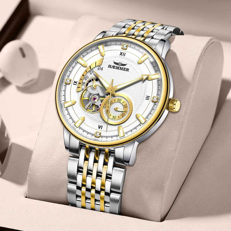 HAEMMER fully automatic mechanical watch men's business high-end trend waterproof men's stainless steel watch waterproof luminou
HAEMMER fully automatic mechanical watch men's business high-end trend waterproof men's stainless steel watch waterproof luminou