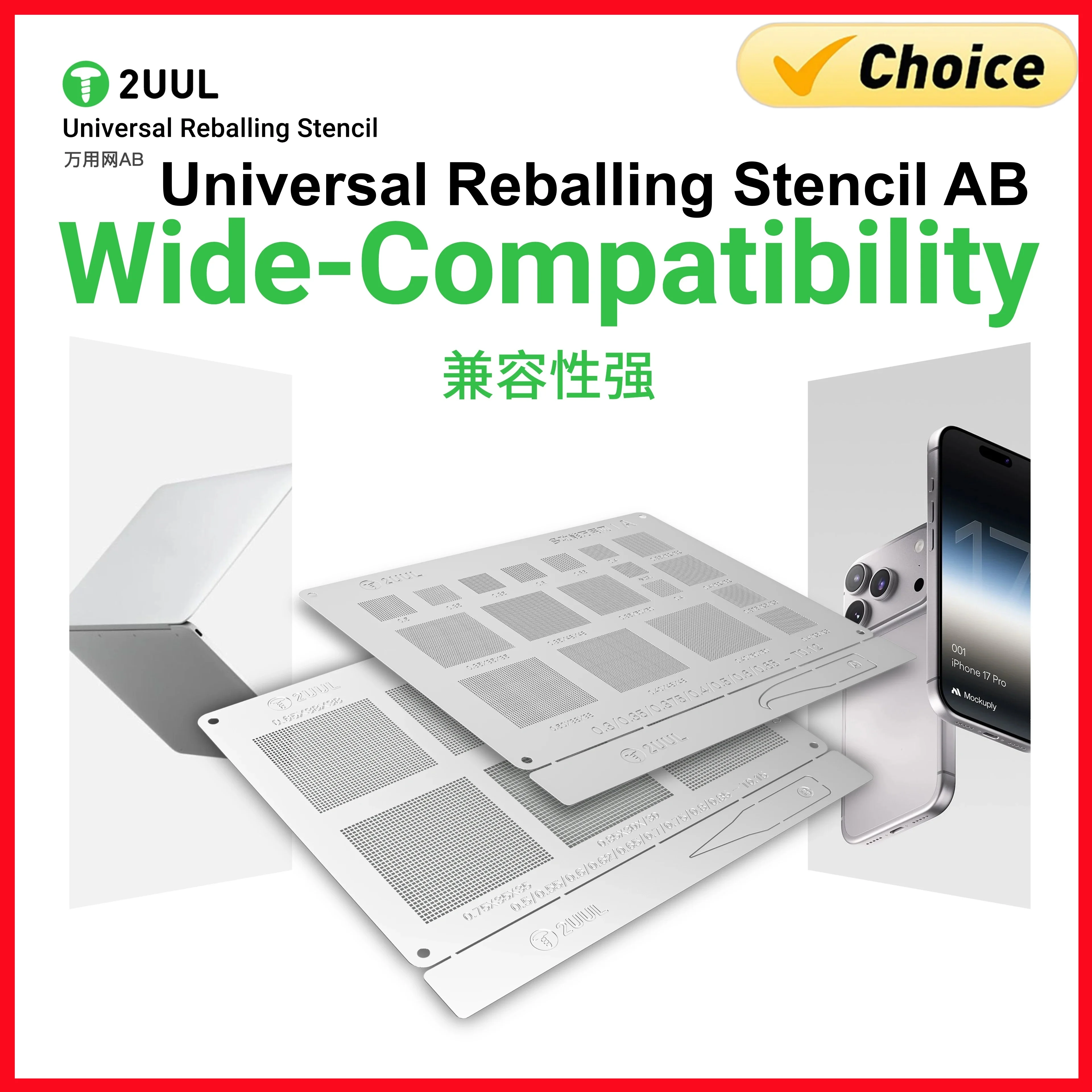 2UUL AB Universal BGA Reballing Stencil 0.3 0.35 0.4 0.5mm for Phone CPU Nand Baseband Wifi Power IC Soldering Net Repair Tools
2UUL AB Universal BGA Reballing Stencil 0.3 0.35 0.4 0.5mm for Phone CPU Nand Baseband Wifi Power IC Soldering Net Repair Tools