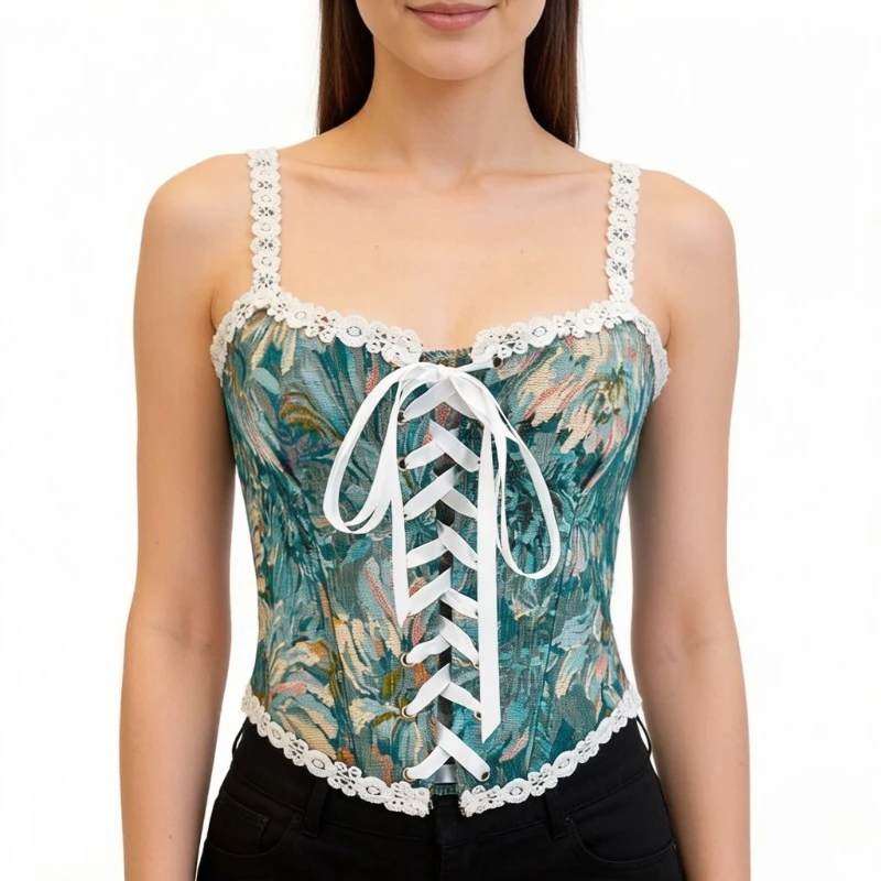 Vintage Turquoise Floral Corset Women Lace Edge Thin Strap Lace Up Waist Trainer Retro Daily Club Outfit
Vintage Turquoise Floral Corset Women Lace Edge Thin Strap Lace Up Waist Trainer Retro Daily Club Outfit