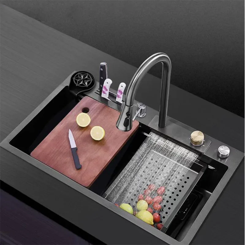 Black Nano Kitchen Sink With Knife Holder Waterfall Faucet Large Single Bowl Accessories Pure Tap Cup Washer Soap Dispenser
Black Nano Kitchen Sink With Knife Holder Waterfall Faucet Large Single Bowl Accessories Pure Tap Cup Washer Soap Dispenser