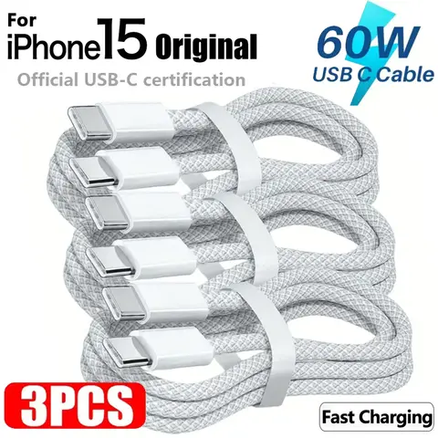 3 uds 60W USB-C a Cable tipo C para IPhone 15 16 Pro PD 60W Cable de carga rápida para Huawei Xiaomi Samsung línea de Cable de datos de tejido