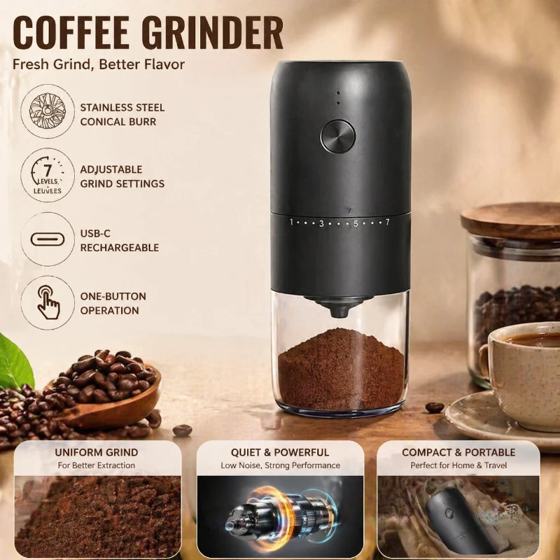 Burr Coffee Grinder Rechargeable Electric Coffee Bean Grinders Portable Espresso Grinder with Conical Mill for Travel, Camping
Burr Coffee Grinder Rechargeable Electric Coffee Bean Grinders Portable Espresso Grinder with Conical Mill for Travel, Camping
