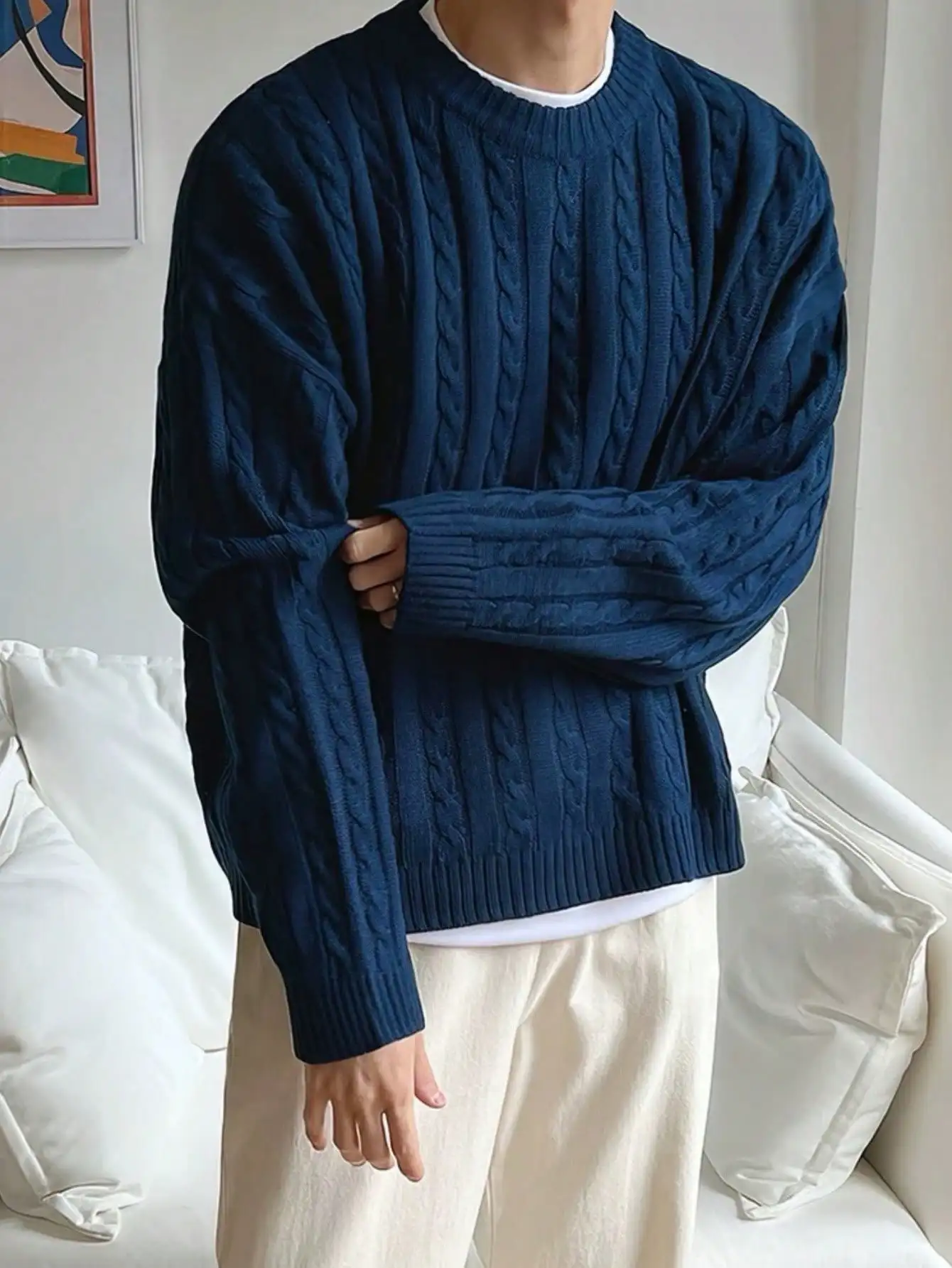 Men's Navy Blue Cable Knit Drop Shoulder Sweater, Long Sleeve Casual Top for Autumn Winter Daily Wear
Men's Navy Blue Cable Knit Drop Shoulder Sweater, Long Sleeve Casual Top for Autumn Winter Daily Wear
