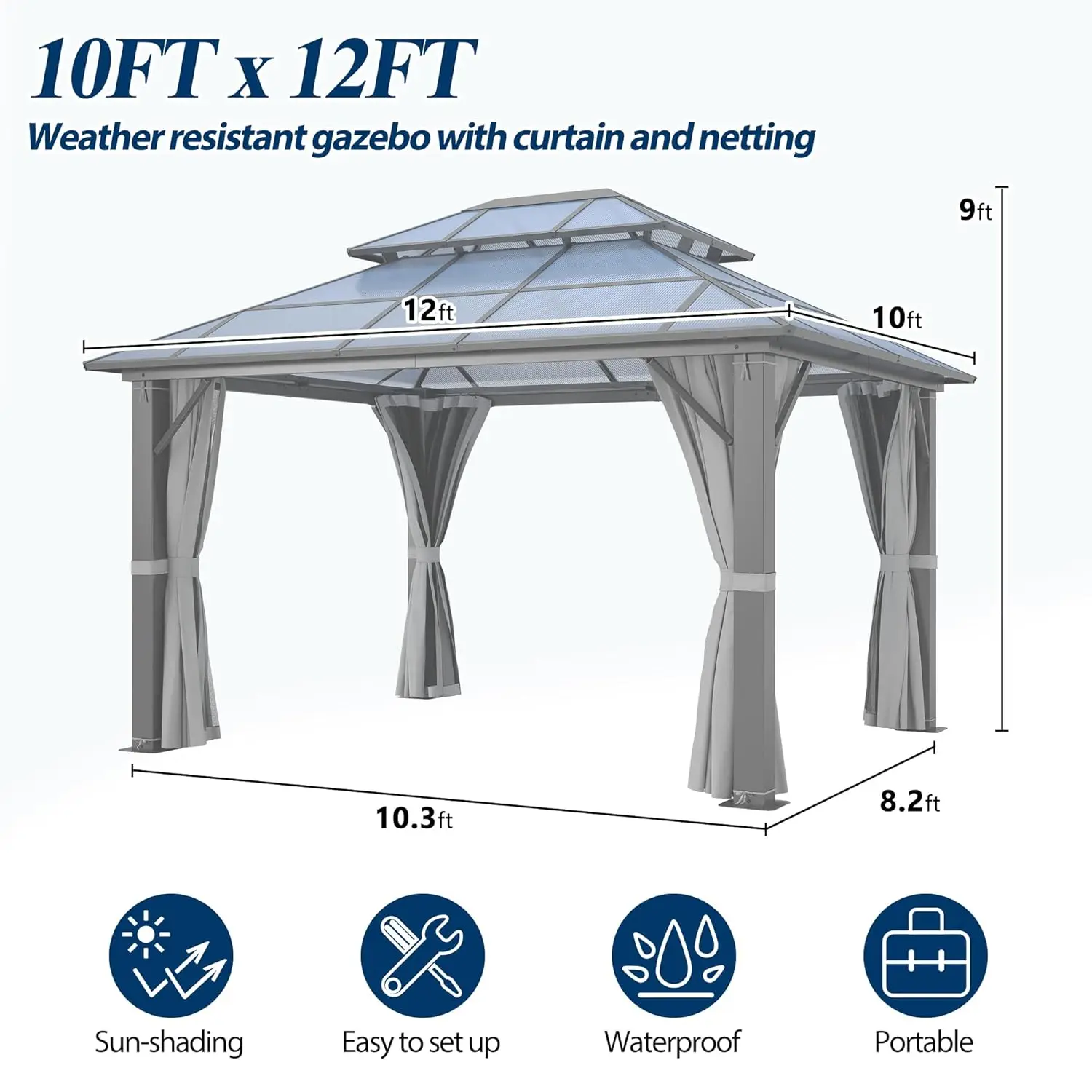 Customized Outdoor Gazebo, Polycarbonate Hardtop with Steel Frame, Translucent Double Roof & Breathable Netting
Customized Outdoor Gazebo, Polycarbonate Hardtop with Steel Frame, Translucent Double Roof & Breathable Netting