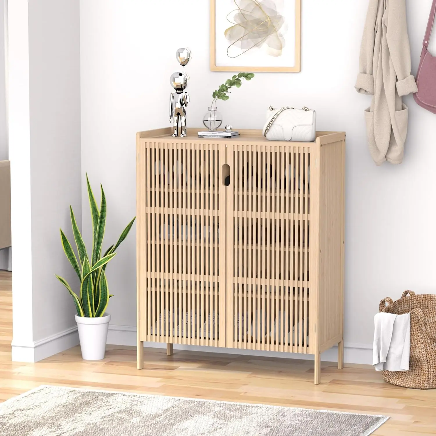 Shoe Cabinet, 20 Pair Farmhouse Shoe Organizer Cabinet, Freestanding Bamboo Wood Shoe Storage Cabinet With Grille Doors, 5-Tier
Shoe Cabinet, 20 Pair Farmhouse Shoe Organizer Cabinet, Freestanding Bamboo Wood Shoe Storage Cabinet With Grille Doors, 5-Tier