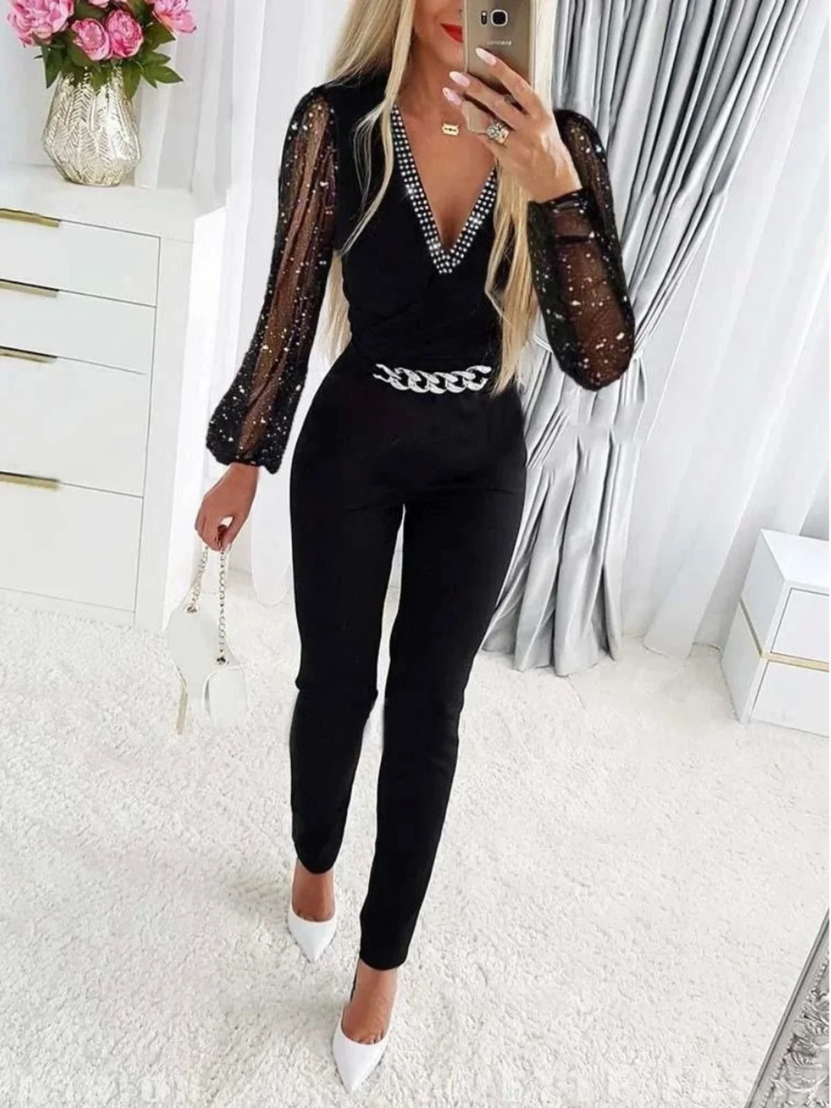 High Waist Splicing V-Ne Jumpsuit Women Street Sle Casual Pants High Waist Wide Leg Pants Polyester Fiber Zipper Closure
High Waist Splicing V-Ne Jumpsuit Women Street Sle Casual Pants High Waist Wide Leg Pants Polyester Fiber Zipper Closure