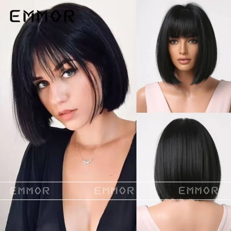 Bob cut with bangs, short straight hair, natural age-reducing style, fashionable new full head black wig for women
Bob cut with bangs, short straight hair, natural age-reducing style, fashionable new full head black wig for women