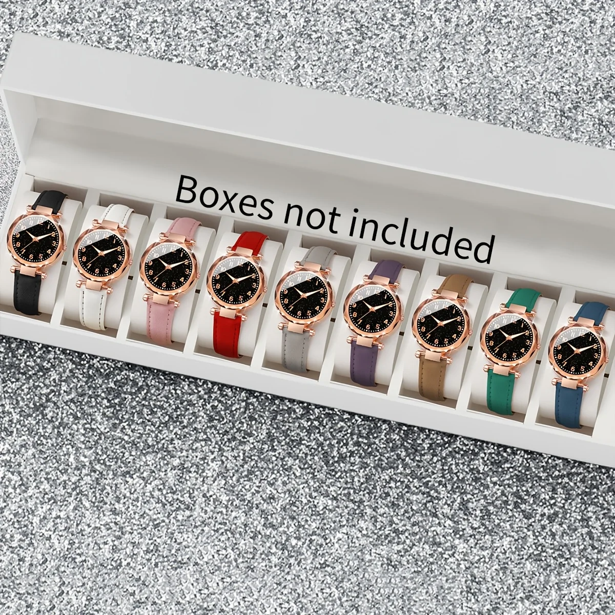 Модный комплект женских кварцевых часов из 9 предметов — циферблат «Звездное небо», карамельный цвет, ремешок из искусственной кожи, корпус из цинкового сплава —
Модный комплект женских кварцевых часов из 9 предметов — циферблат «Звездное небо», карамельный цвет, ремешок из искусственной кожи, корпус из цинкового сплава —