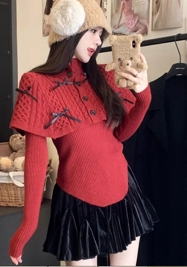 Vintage Bow Black Red Knitted Irregular Sweater Cape 2pc Women Lining Shirt&Sweet Girl Short Shawl Cloak Top Two-piece Sets
Vintage Bow Black Red Knitted Irregular Sweater Cape 2pc Women Lining Shirt&Sweet Girl Short Shawl Cloak Top Two-piece Sets