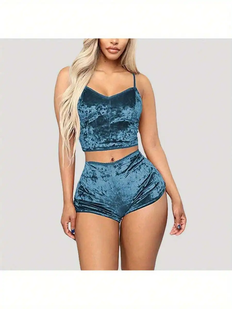 Women 2 Piece Velvet Crop Top And Shorts Set Summer Sleepwear
Women 2 Piece Velvet Crop Top And Shorts Set Summer Sleepwear