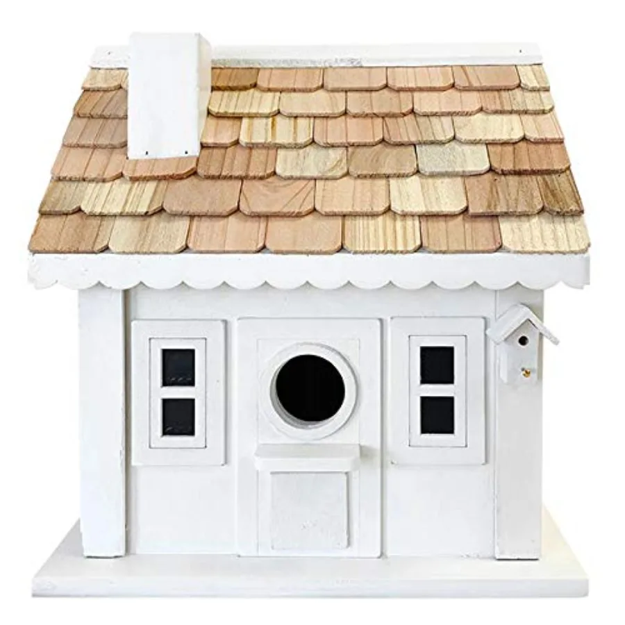 Outdoor birdhouse for songbirds: white wooden ornate design with dual 1.25 entry holes shingled roof removable back panel pole
Outdoor birdhouse for songbirds: white wooden ornate design with dual 1.25 entry holes shingled roof removable back panel pole