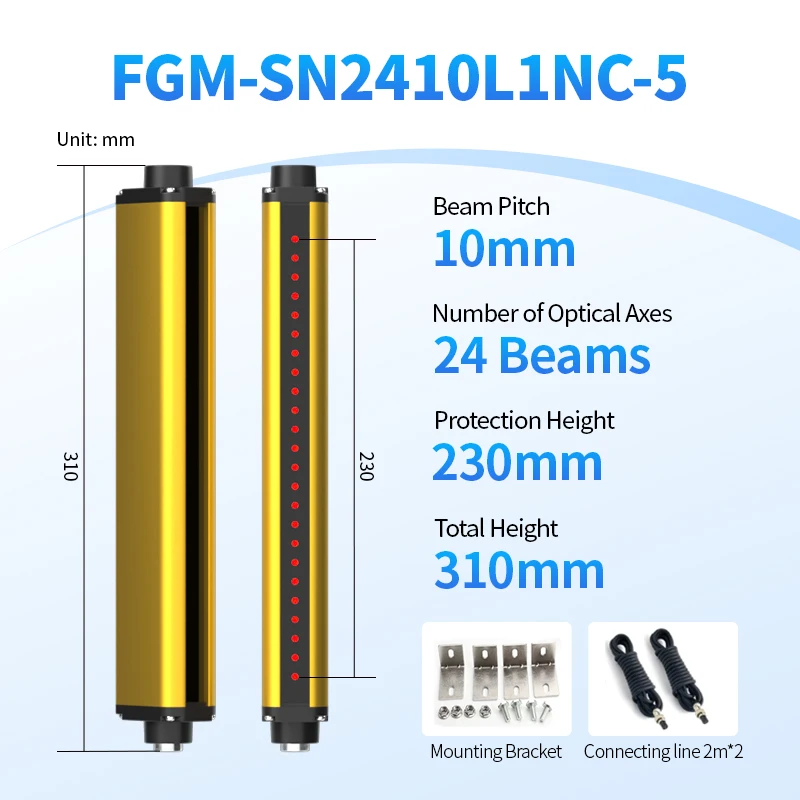 FGM-SN2410L1NC-5 Detection Sensor Stamping Machine Infrared Optoelectronic Protection Device Safety Light Curtain Sensor
FGM-SN2410L1NC-5 Detection Sensor Stamping Machine Infrared Optoelectronic Protection Device Safety Light Curtain Sensor