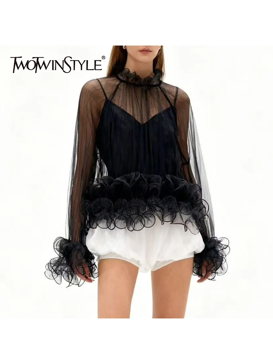 TWOTWINSTYLE Solid Sheer Spliced Fungus Folds Fashion Blouses for Women Stand Neck Long Sleeves Patchwork Vest Blouse Female New
TWOTWINSTYLE Solid Sheer Spliced Fungus Folds Fashion Blouses for Women Stand Neck Long Sleeves Patchwork Vest Blouse Female New