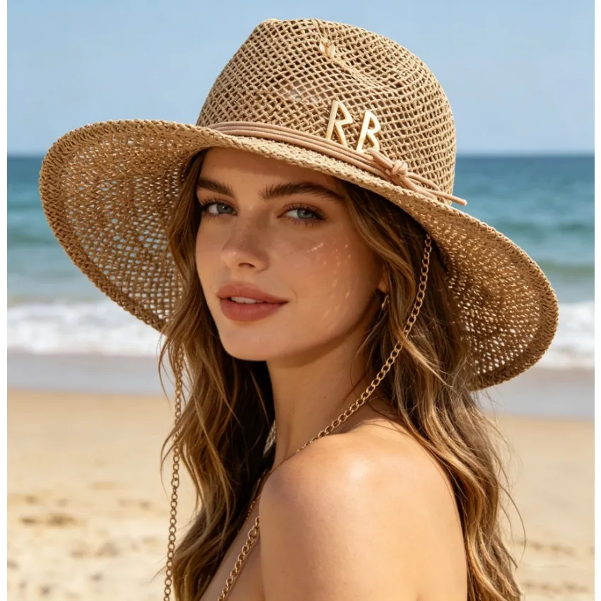 Women Letter Hollow Straw Hat Metal Chain Pin Decor Sun Hat Casual Outdoor Travel Beach Visor Hat
Women Letter Hollow Straw Hat Metal Chain Pin Decor Sun Hat Casual Outdoor Travel Beach Visor Hat