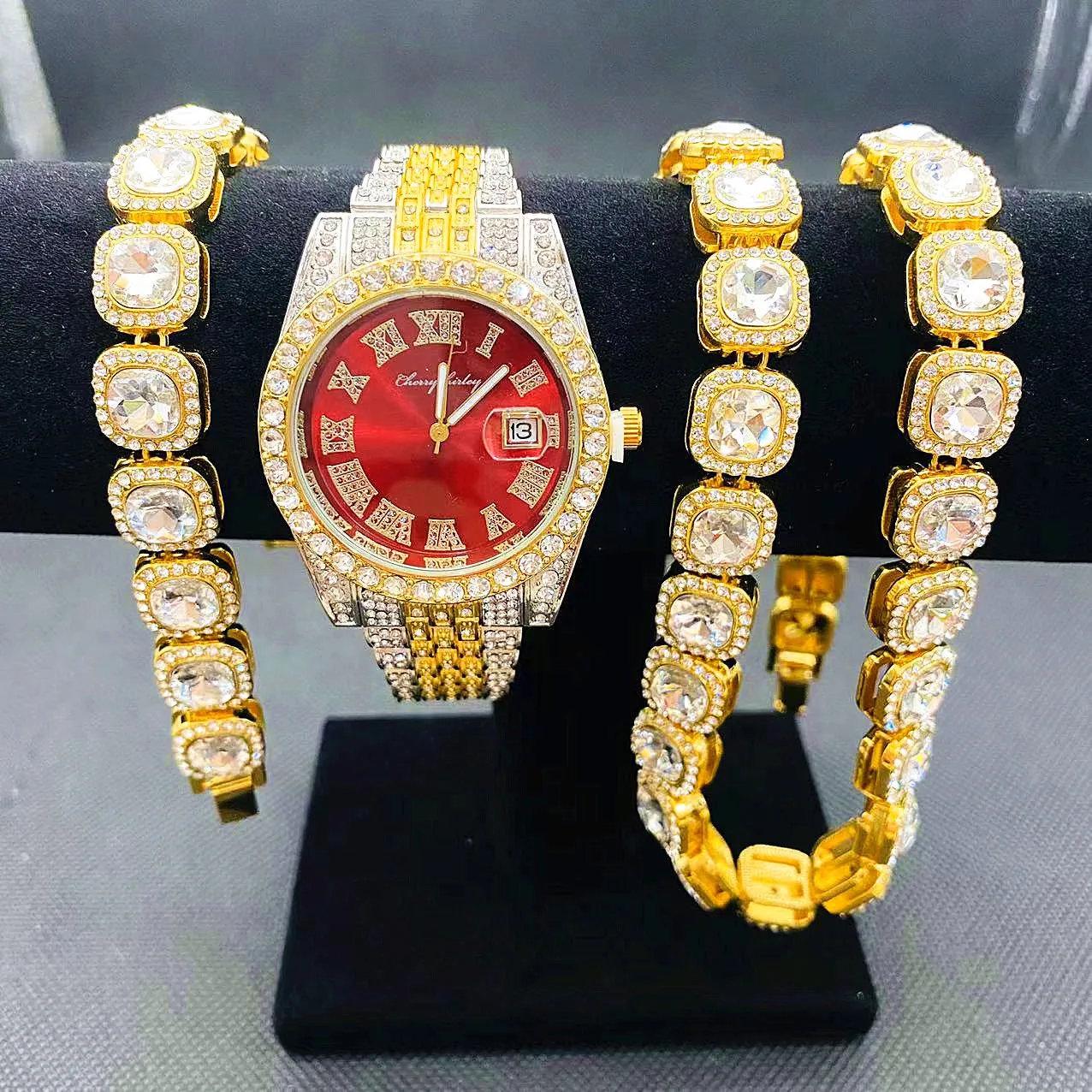 3pcs Full Iced Out Watches Men Gold Chains Bracelet Necklace Red Dial Bling Watch for Men HipHop Jewelry Mens Watch Clocks Set
3pcs Full Iced Out Watches Men Gold Chains Bracelet Necklace Red Dial Bling Watch for Men HipHop Jewelry Mens Watch Clocks Set