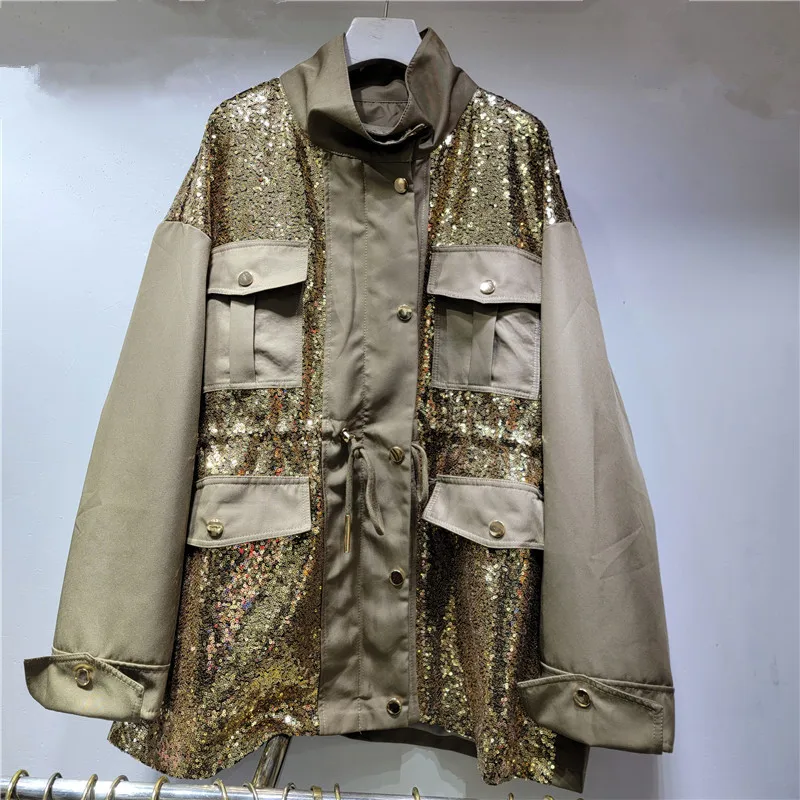 Chic Women Sequined Windbreaker Jacket Autumn Stand Collar Pockets Jacket Tooling Coat Zippers Drawstring Waist Cardigan Tops
Chic Women Sequined Windbreaker Jacket Autumn Stand Collar Pockets Jacket Tooling Coat Zippers Drawstring Waist Cardigan Tops