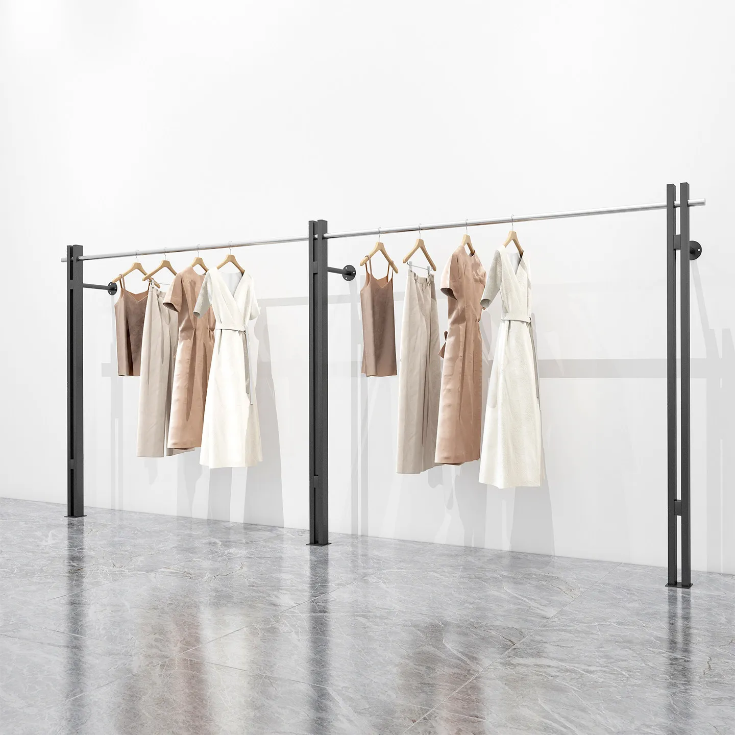 Clothing store display rack stainless steel black wall double tube clothes display rack
Clothing store display rack stainless steel black wall double tube clothes display rack