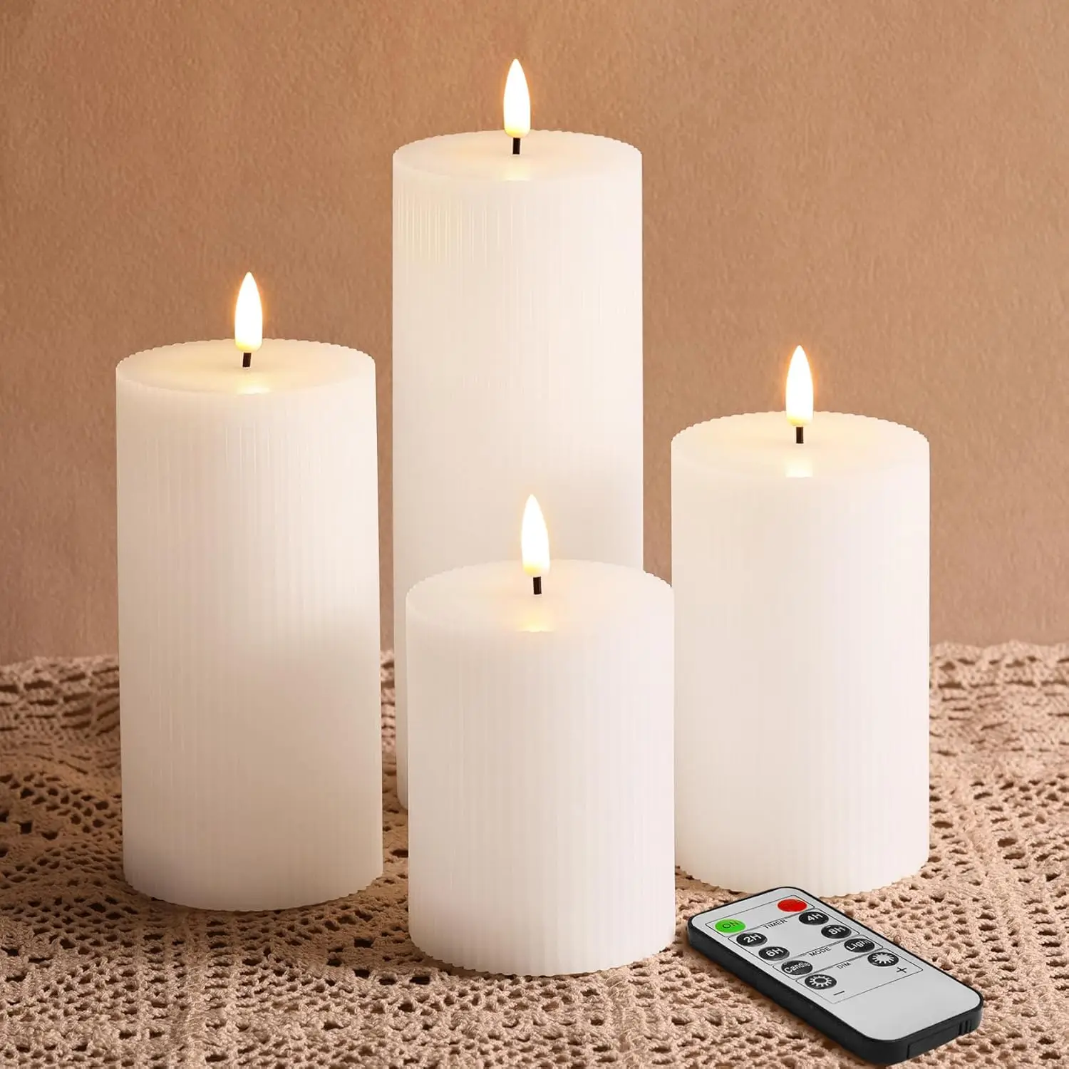 White Ribbed FlamelPillar Candles with Remote, Flat Top Flickering LED Wax Battery Candles Set of 4, Φ 3' H 4' 5' 6' 8'
White Ribbed FlamelPillar Candles with Remote, Flat Top Flickering LED Wax Battery Candles Set of 4, Φ 3' H 4' 5' 6' 8'