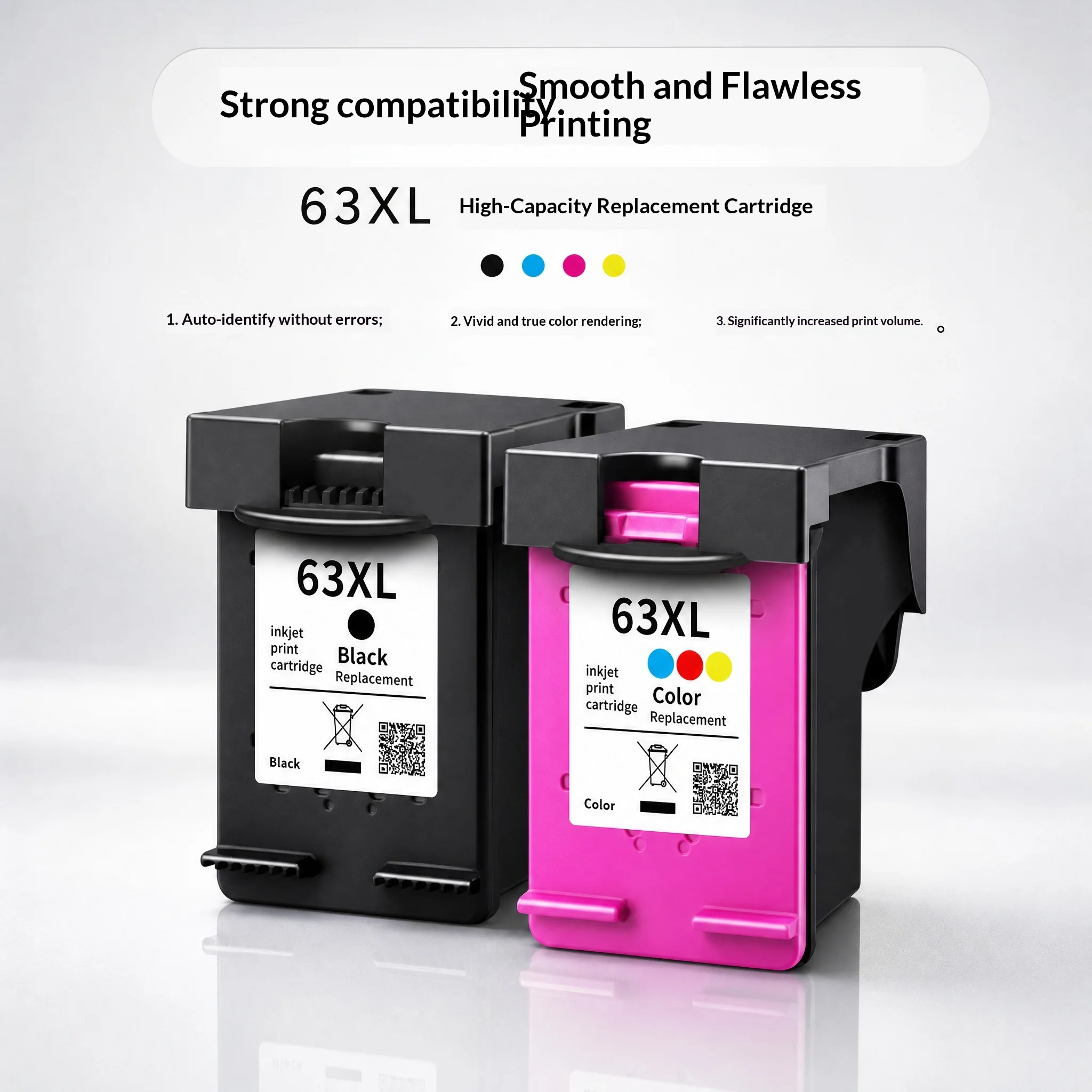 Compatible with 63xl Cartridges: 2130, 2131, 3630, 3632, 3830, 4520, 4522, 4524. Color and Black 63xl Printer Cartridges.
Compatible with 63xl Cartridges: 2130, 2131, 3630, 3632, 3830, 4520, 4522, 4524. Color and Black 63xl Printer Cartridges.